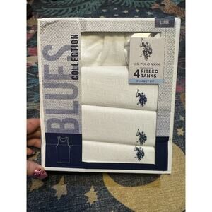 US POLO ASSN 4-Pack Logo Ribbed White Tank Top Perfect Fit Set Men's Size Lrg